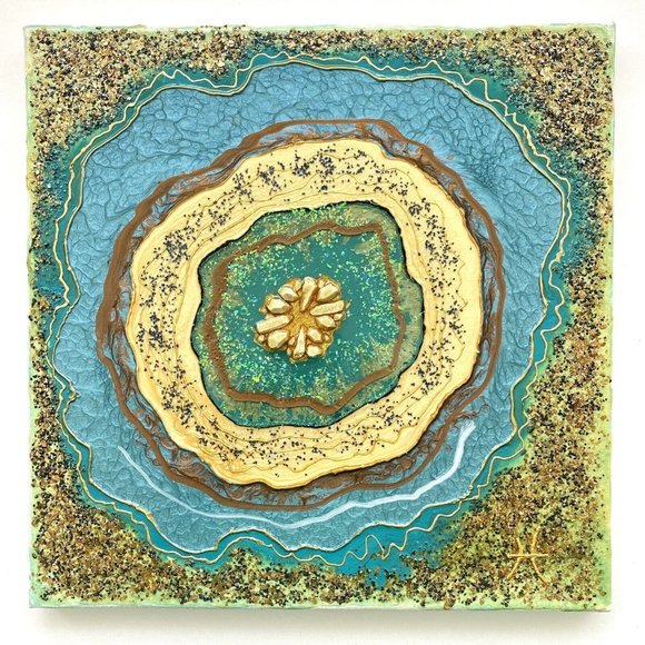 Snowflake Geode - Original Art Mixed Media Faux Geode Signed Painting 12”x12” - Picture 2 of 9